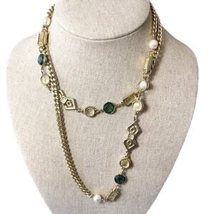 Vintage Womens Necklace Faux Pearl Glass Green Gold Tone Jewelry